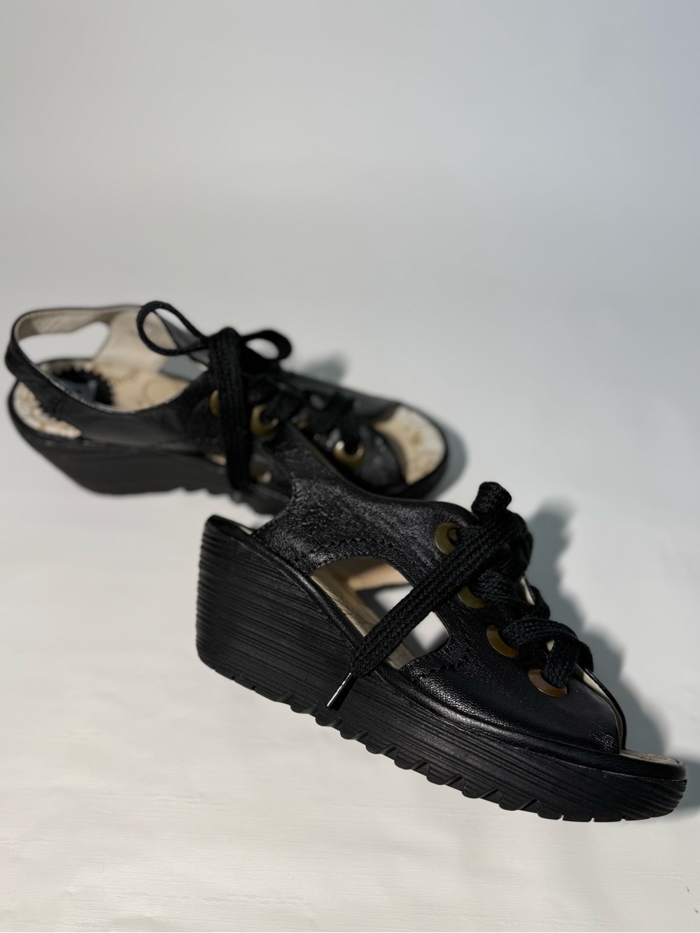 Fly London Black Lace-Up Platform Sandal - Women's Comfortable Wedge Shoe